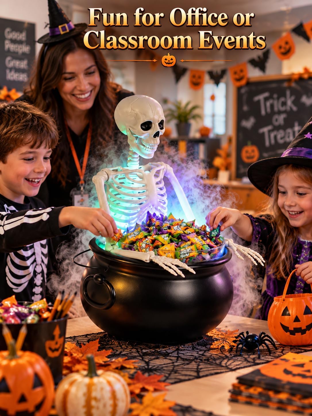 HOMELEX Halloween Cauldron Candy Bowl with Skeleton, LED Mist Maker Decor for...