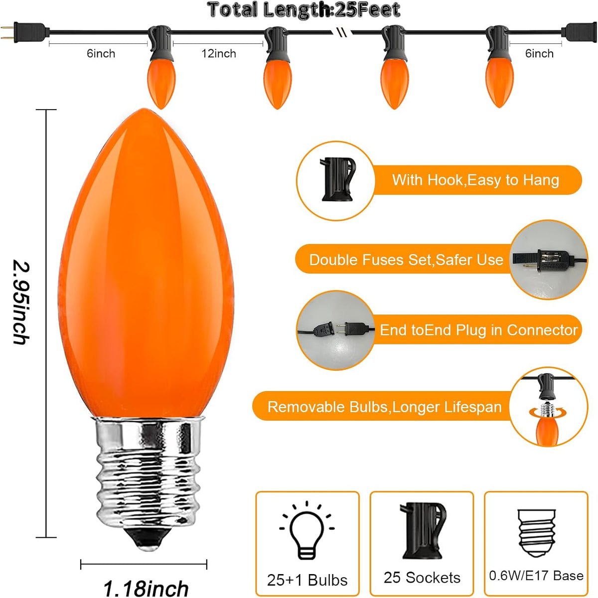 C9 LED Orange Halloween String Lights 25Ft Outdoor Christmas Decorations Ligh...