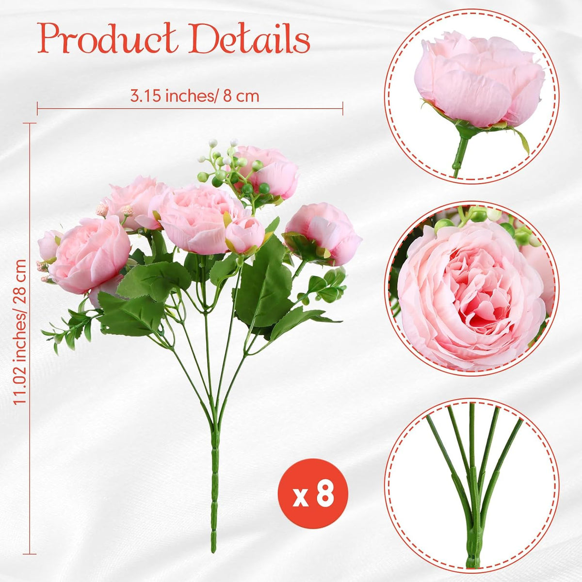 Geosar 8 Bundles Artificial Peonies Flowers,Pink