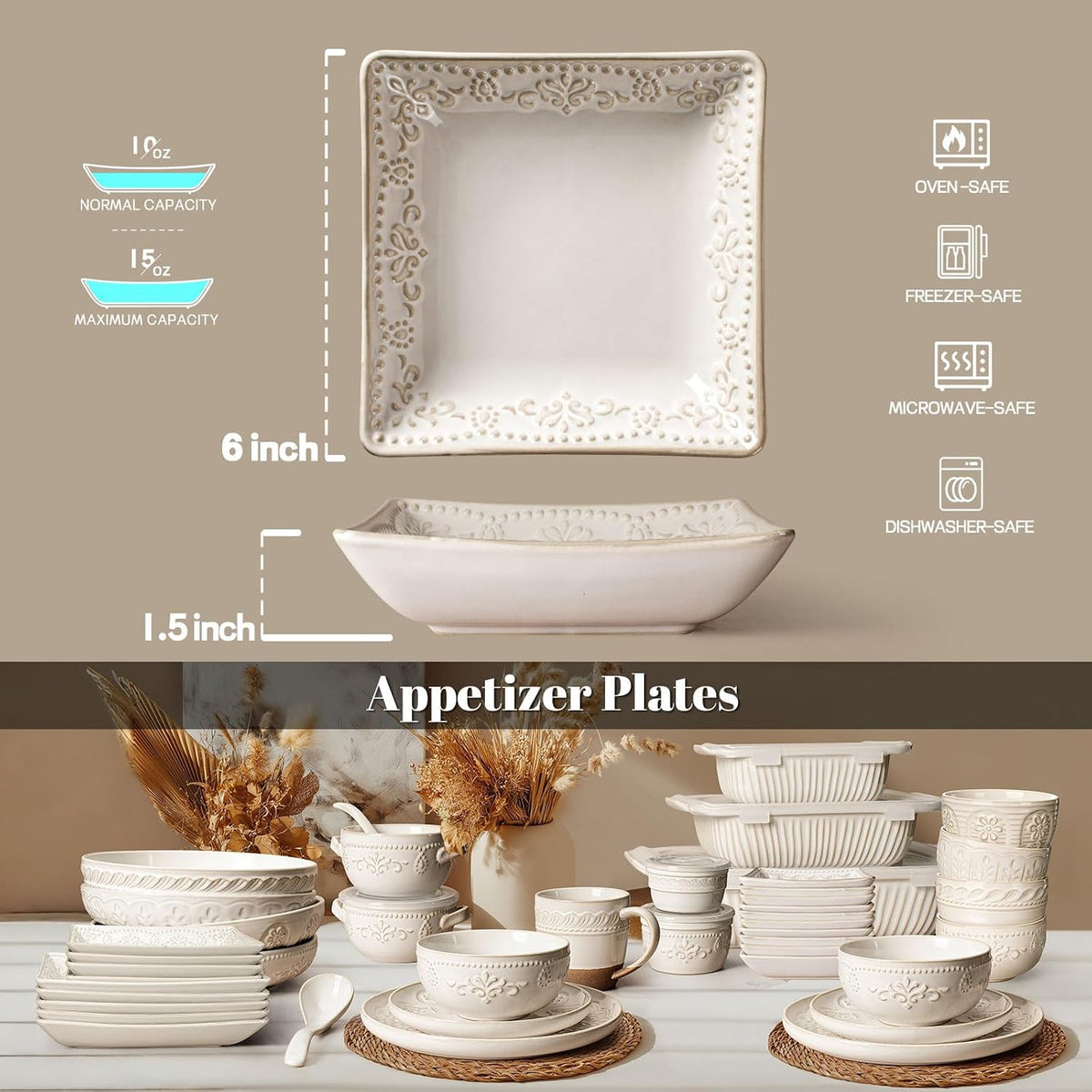 Artena Ceramic Square Dessert Plates Set of 4, 6 Inch Embossed Appetizer Plat...