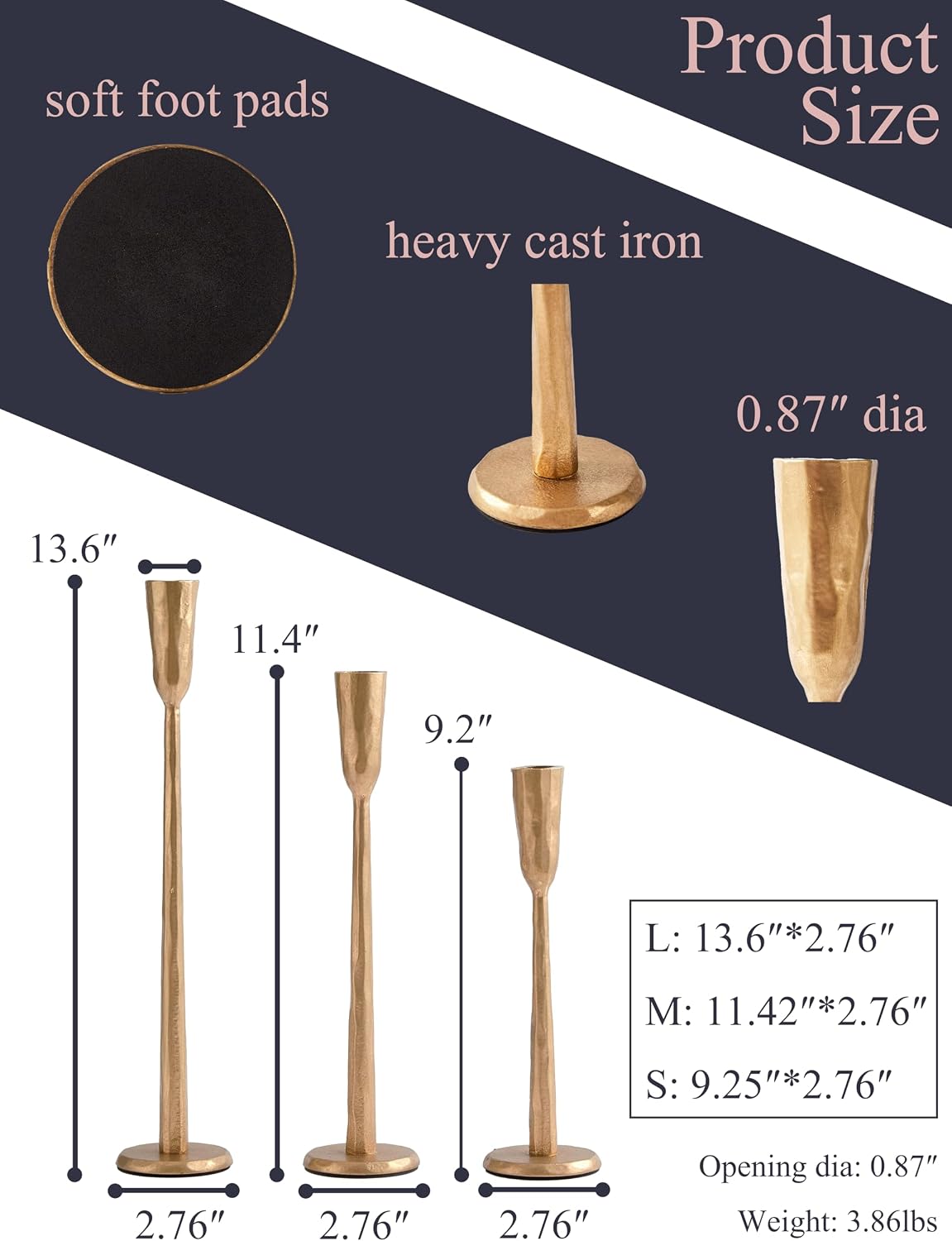 Gold Iron Taper Candle Holder Set of 3, Heavy Wrought Iron Candlestick Holder...