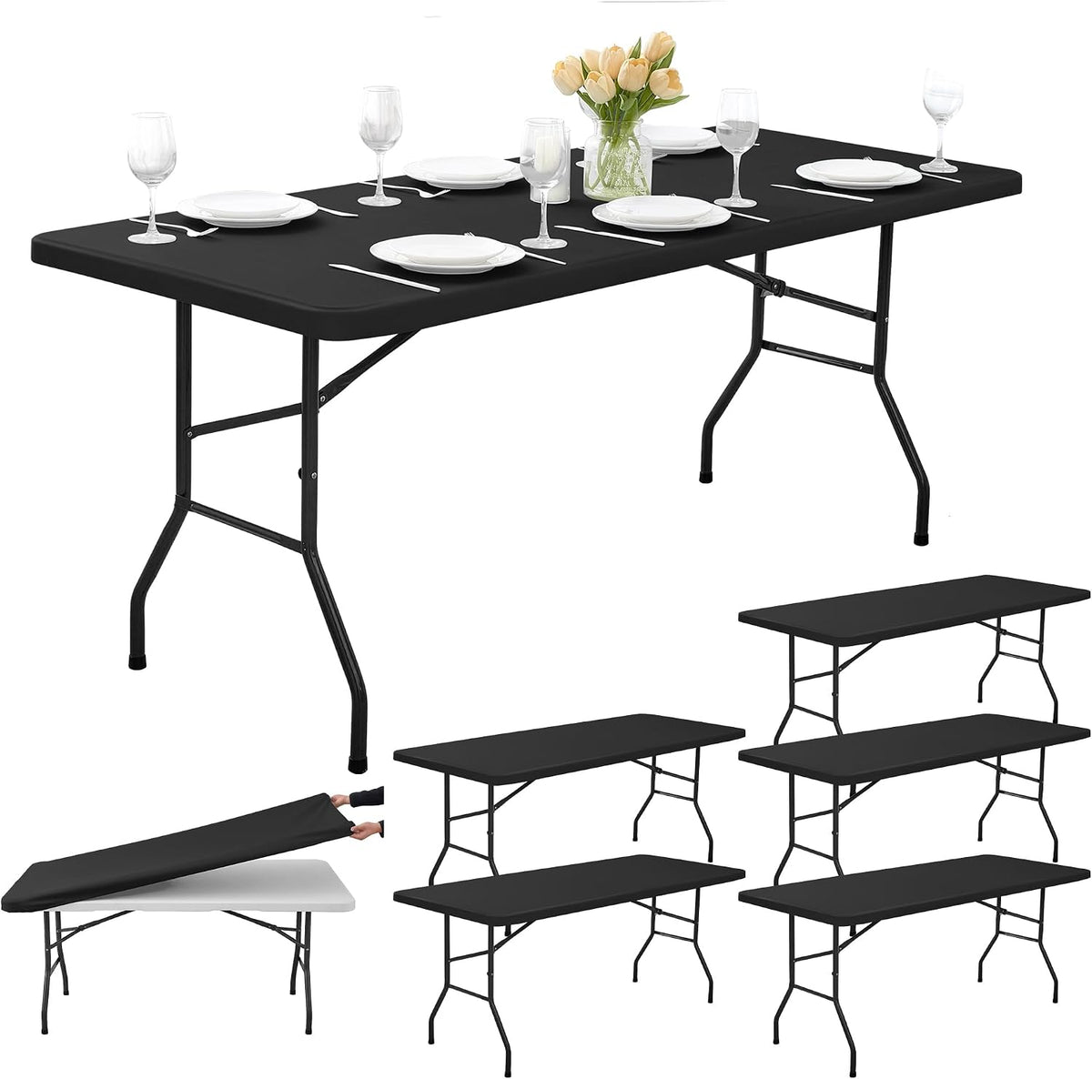 6ft Fitted Tablecloth Rectangle 6-Pack, Black Elastic Table Cover