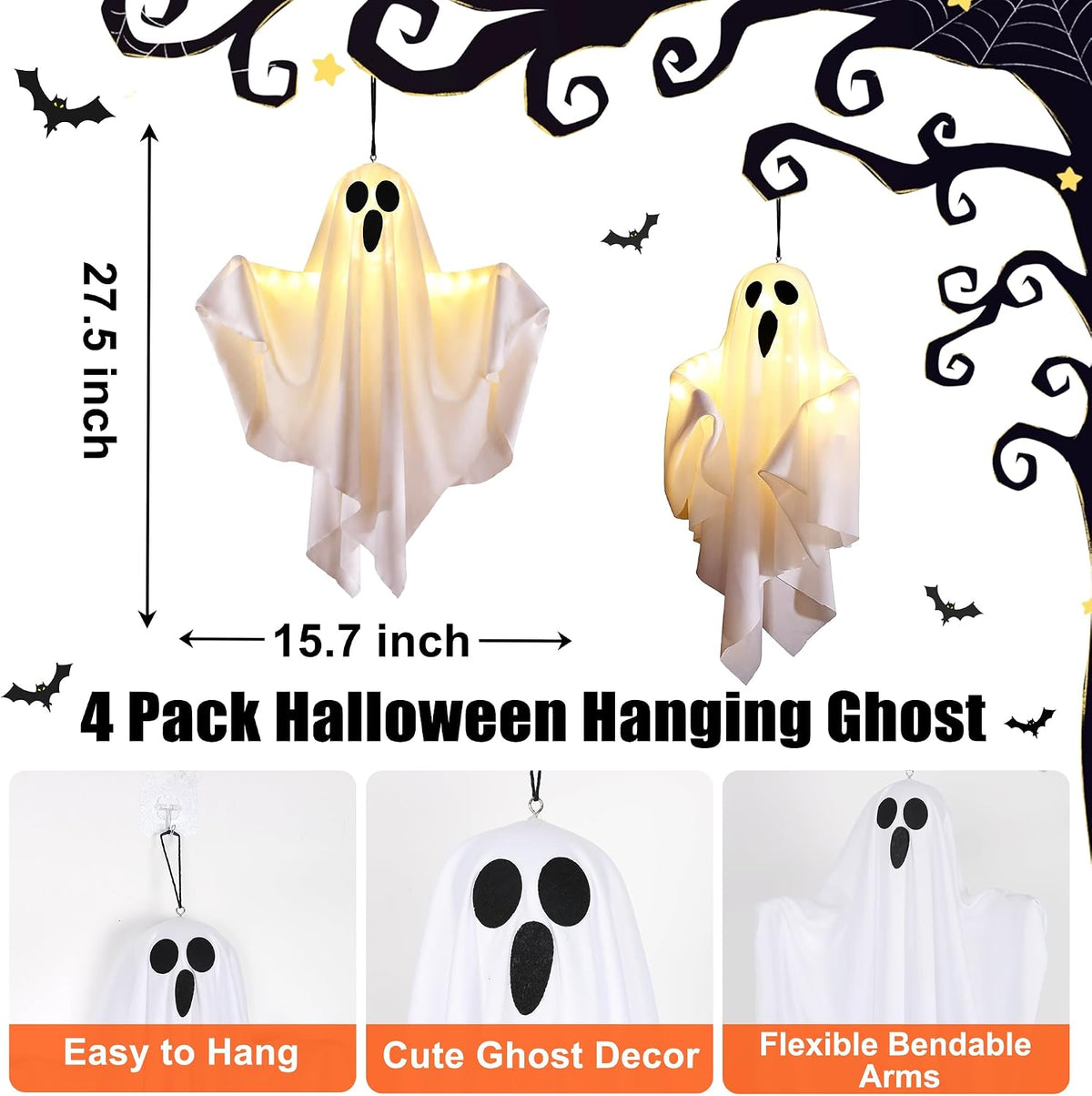 4 Pack 27.5 Inch Swinging Hanging Ghost Lights Battery Operated Halloween Dec...