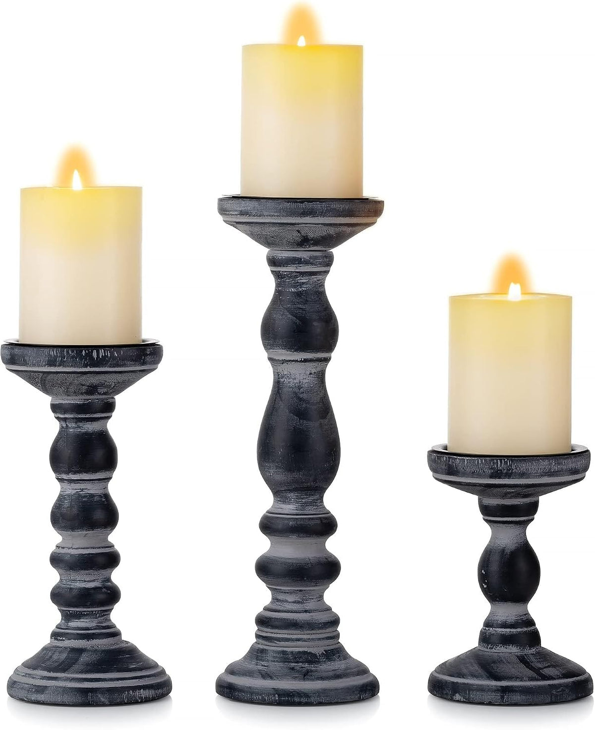 Wood Pillar Candle Holder: Rustic Distressed Black Candle Stand