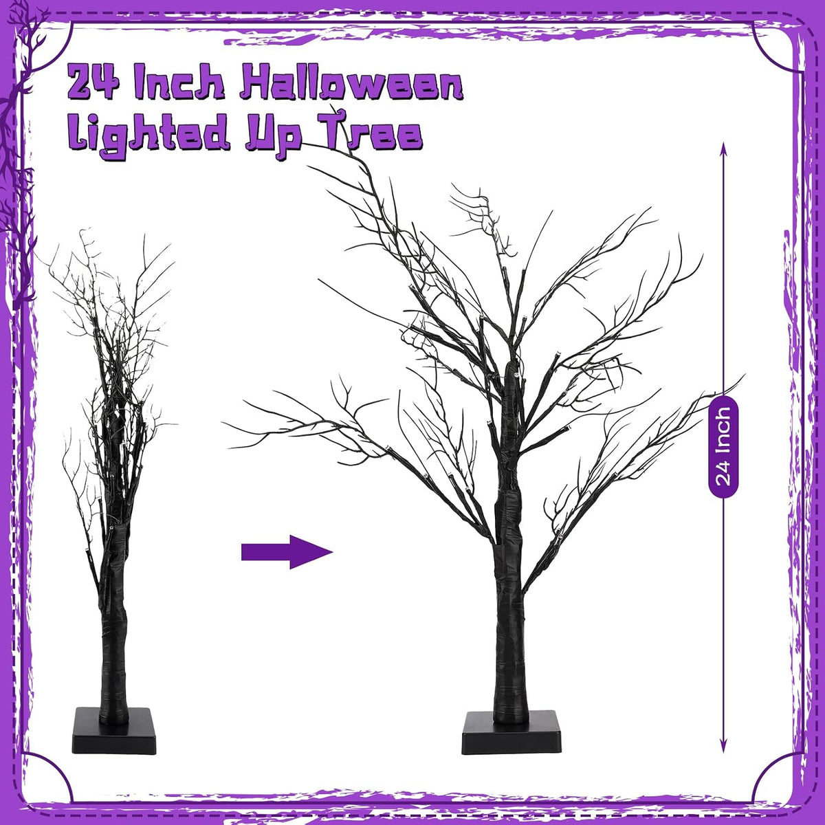 2Pack 24 Inch Halloween Spooky Tree with Lights, Lighted Tabletop Black Tree ...