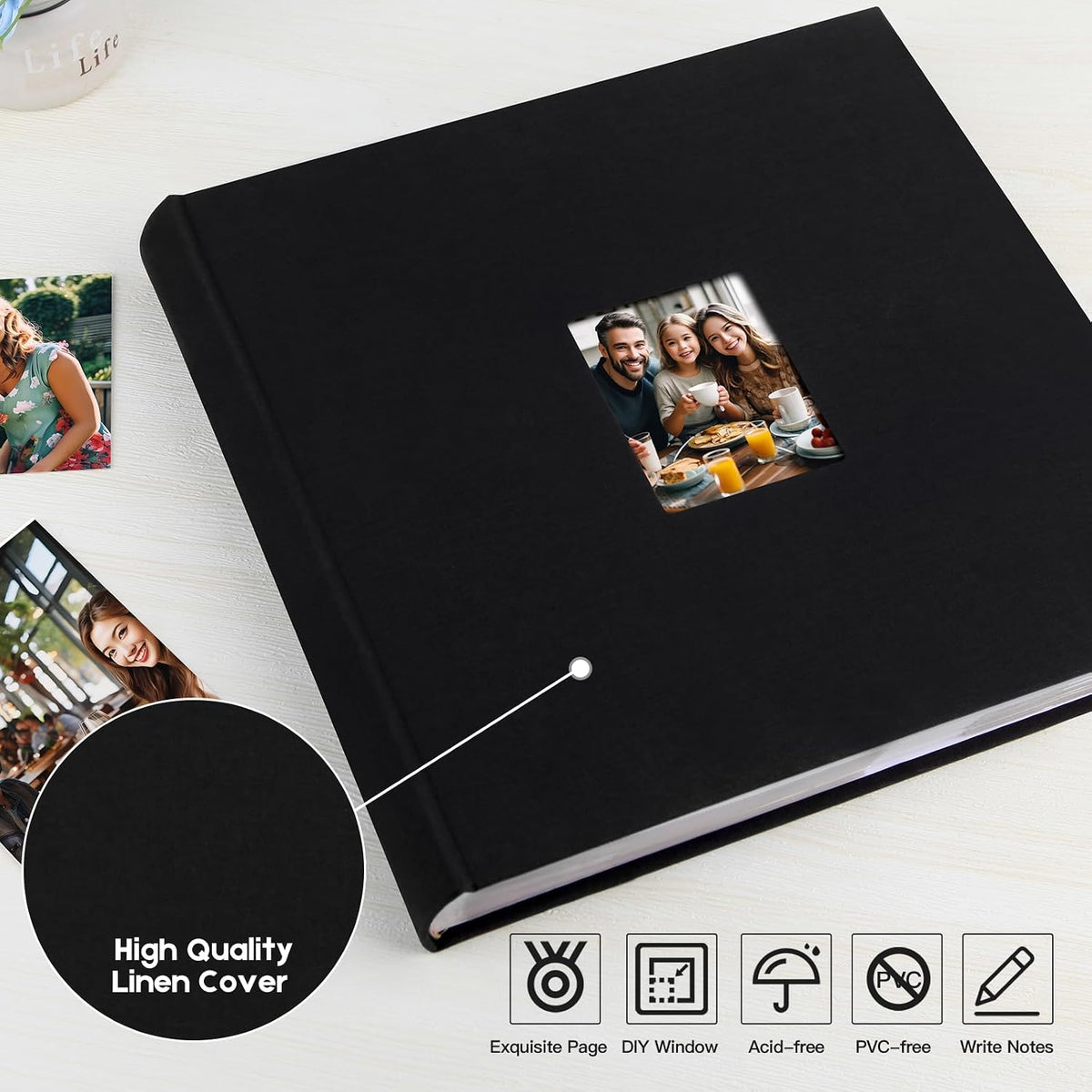600 Pocket 4x6 Photo Album with Writing Space, Linen Cover, Black