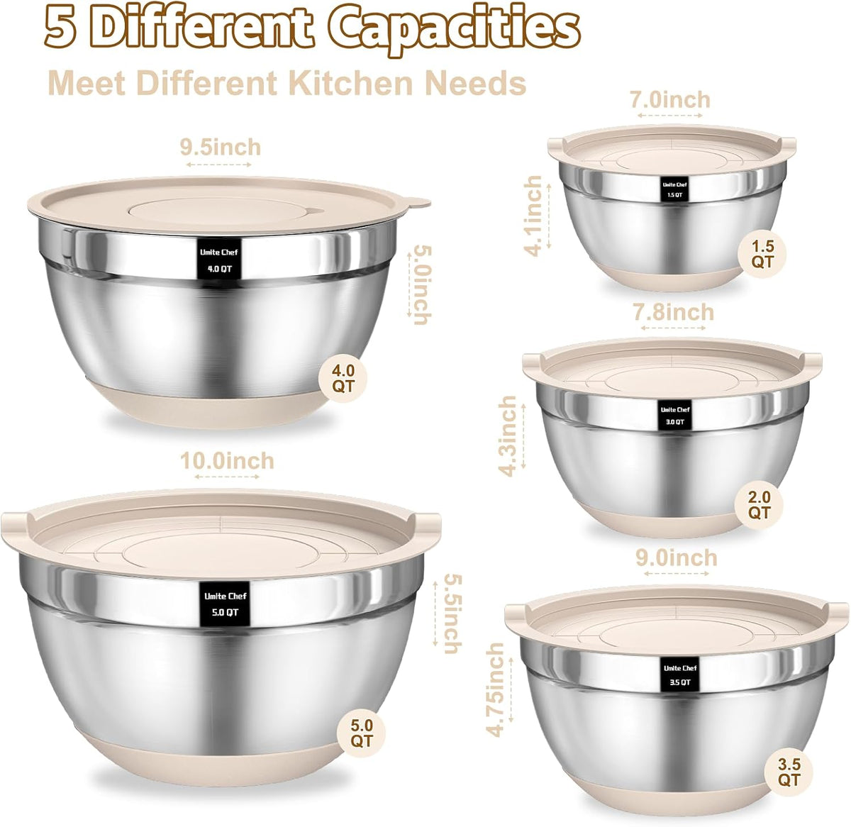 Umite Chef Mixing Bowls with Airtight Lids Set, 8PCS Stainless Steel Nesting ...