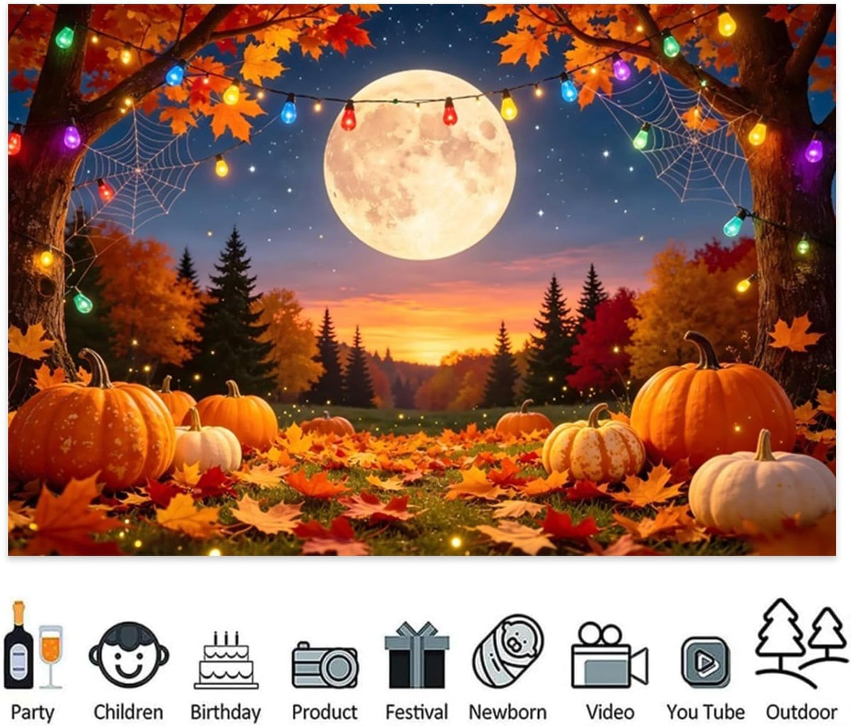 10x8FT Fall Maple Leaves Pumpkin Full Moon Photo Backdrop Decor