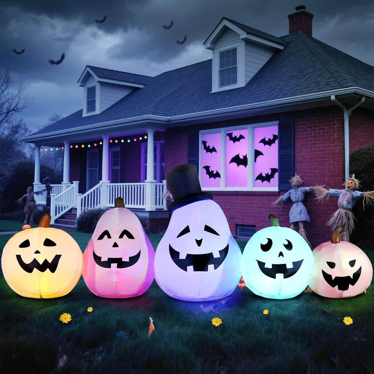 DomKom 8 FT Long Halloween Inflatable White Pumpkin Built in Colorful LED Lig...
