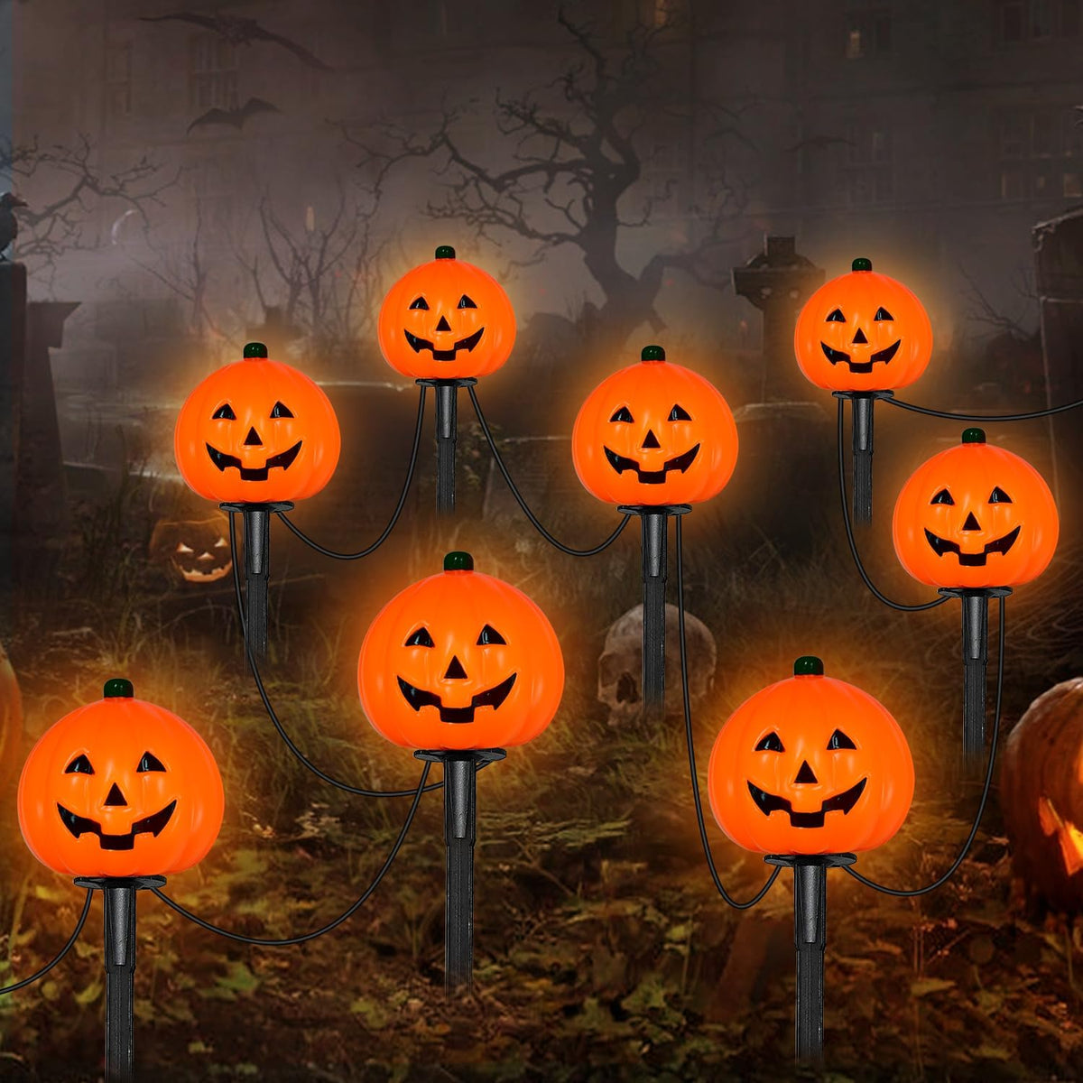 2 Sets 7Ft Halloween Decorations Pathway Lights Outdoor Pumpkin Stake Lights ...