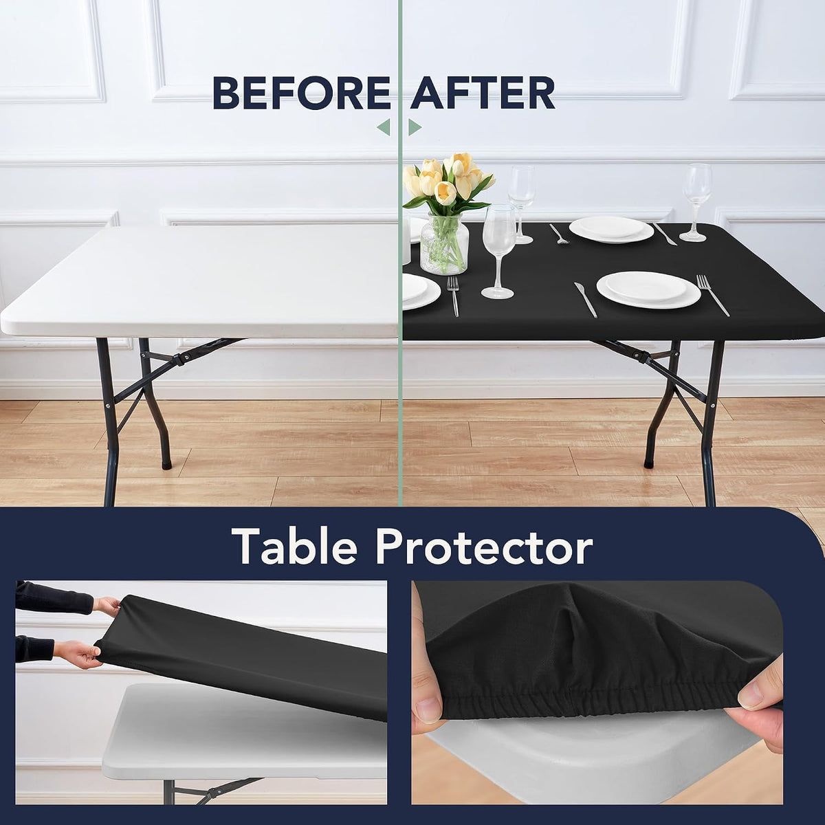 6ft Fitted Tablecloth Rectangle 6-Pack, Black Elastic Table Cover