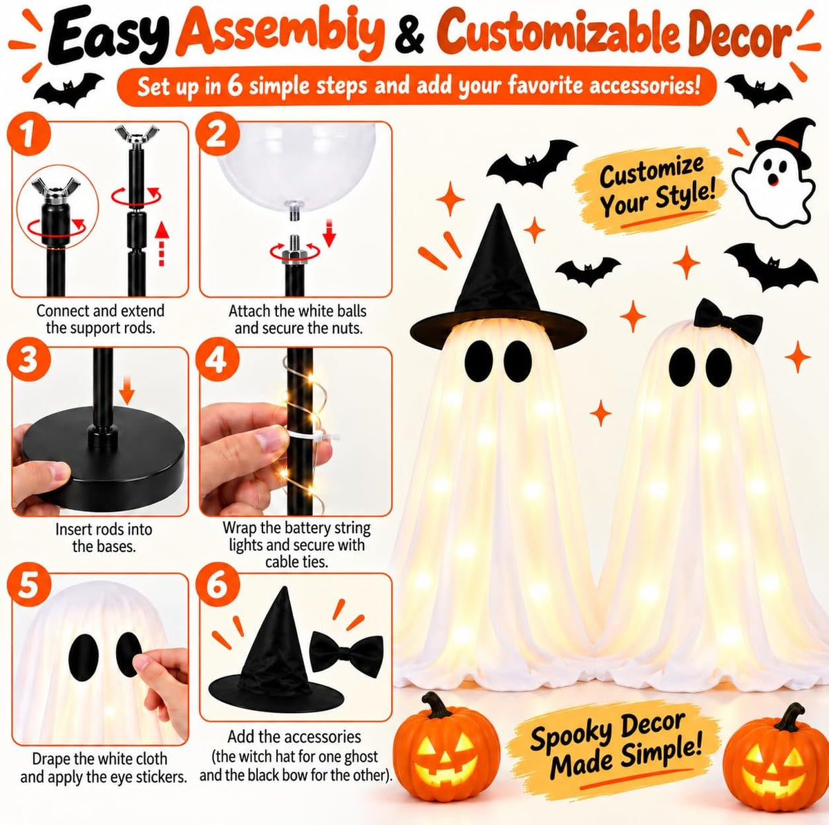 2 Pack Halloween Ghost Decorations Indoor Outdoor, Lighted Ghost Decor with W...