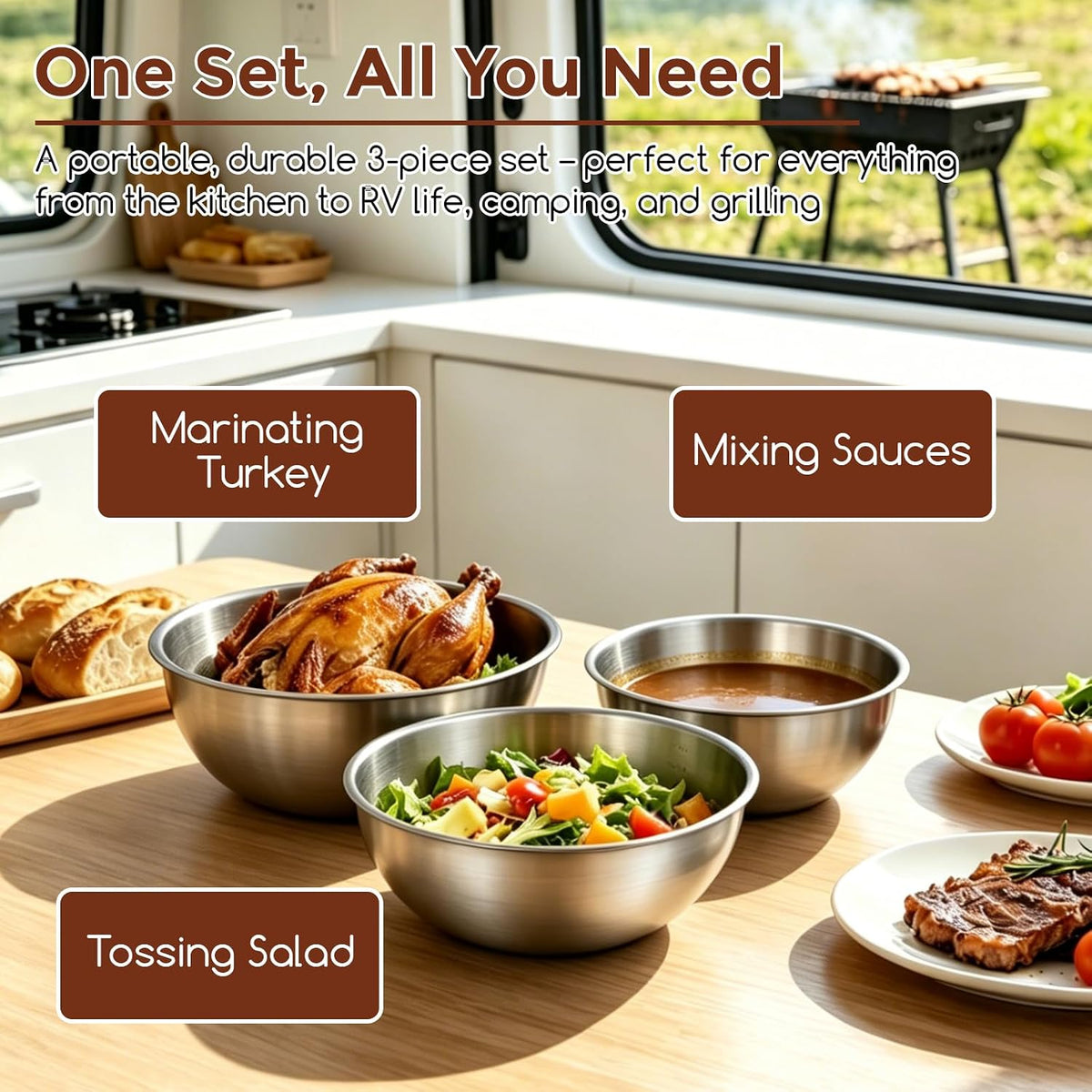 Gronivex Stainless Steel Mixing Bowls Set, 3-Piece (1.5, 2.2 & 3.4 Qt)