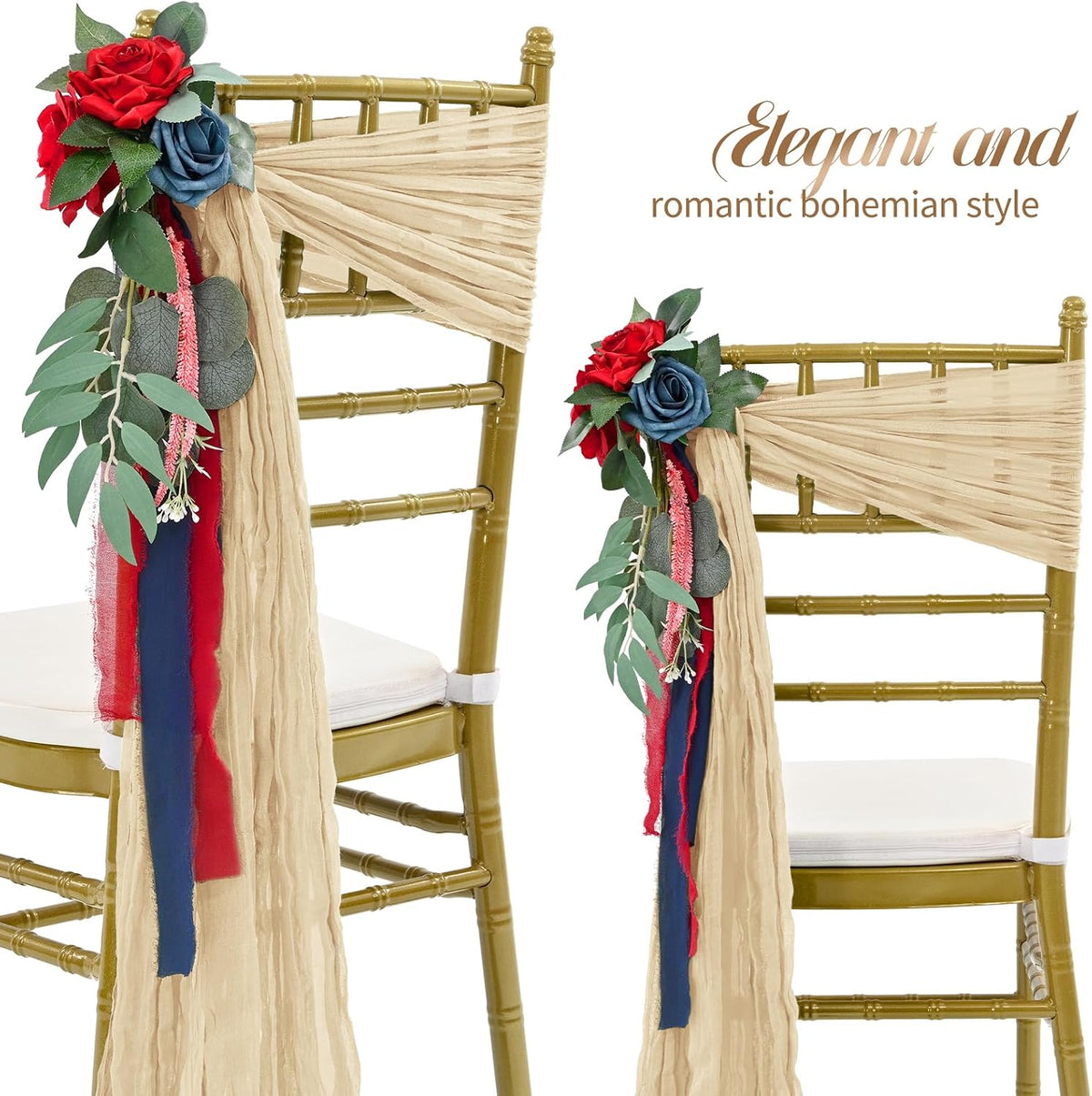 50 PCS Cheesecloth Chair Sashes Bows Wedding Aisle Decorations Chair Ribbon T...