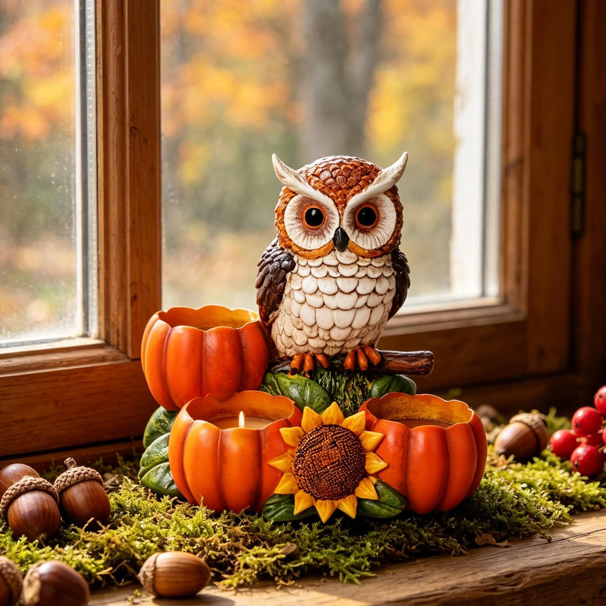 Fall Owl Candle Holder with 3 Pumpkin Tealight Holders