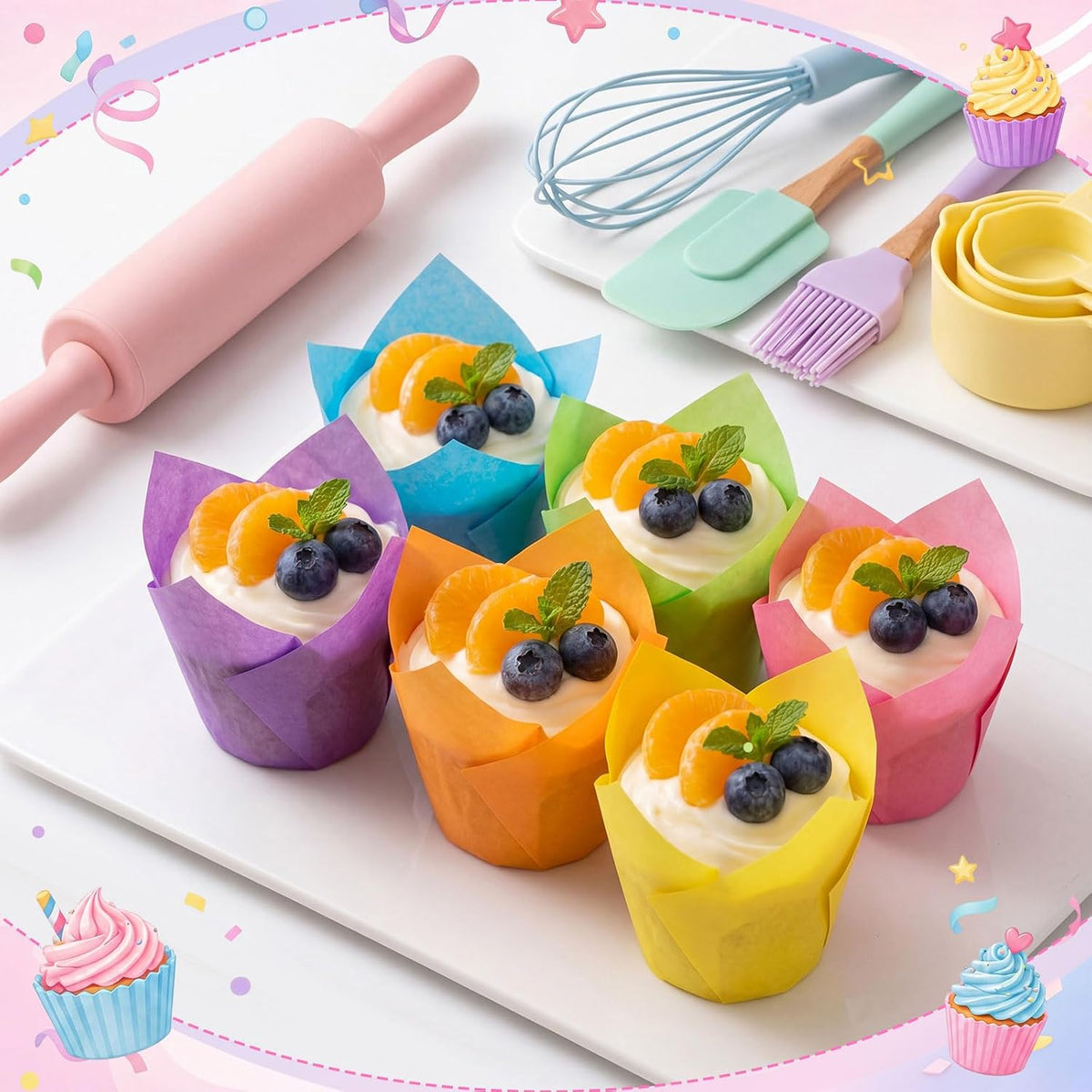 600 Pcs Tulip Cupcake Liners, Solid, Bright Colors