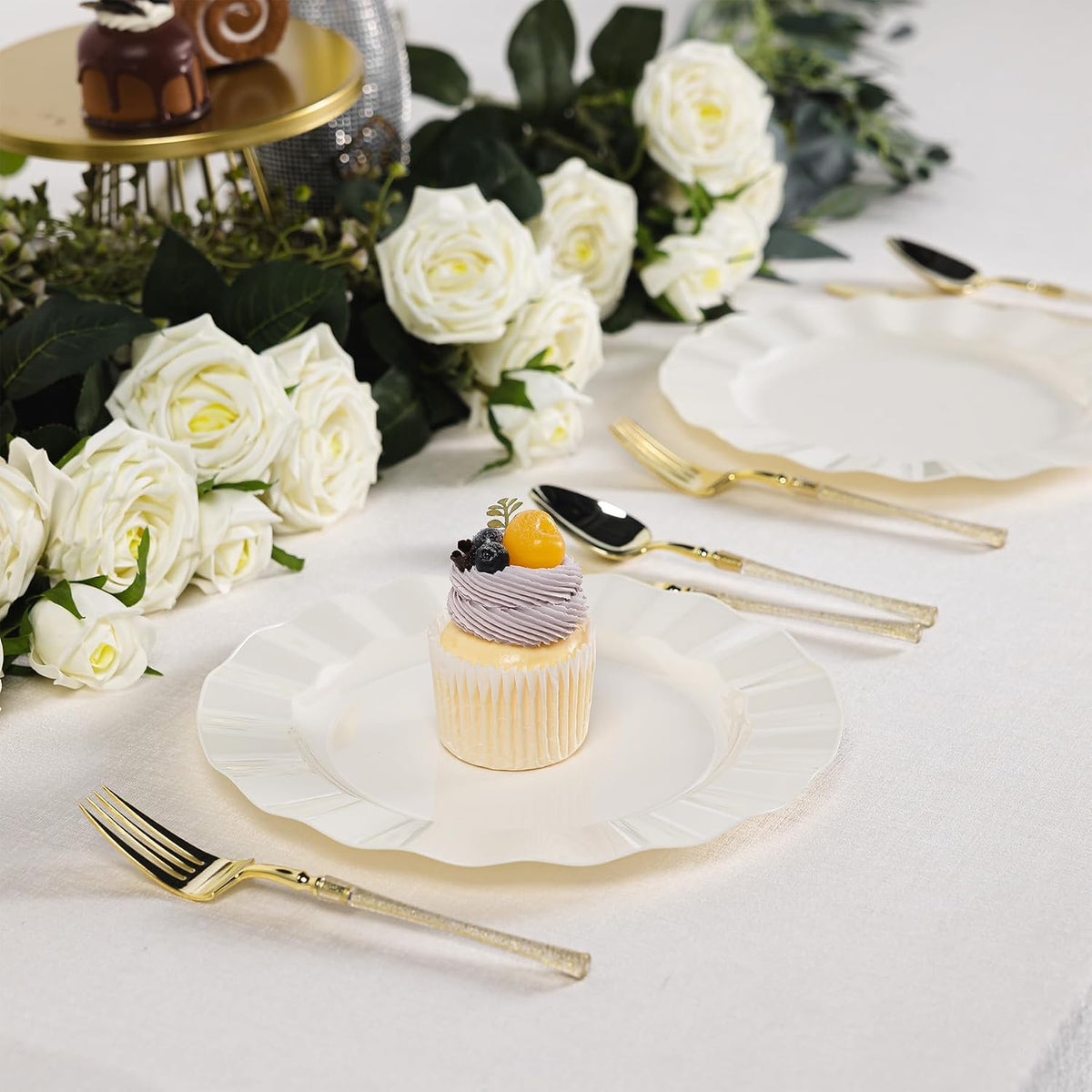 72 Pack Ivory Plastic Plates, 7" Disposable Wave Edge Dessert Plates