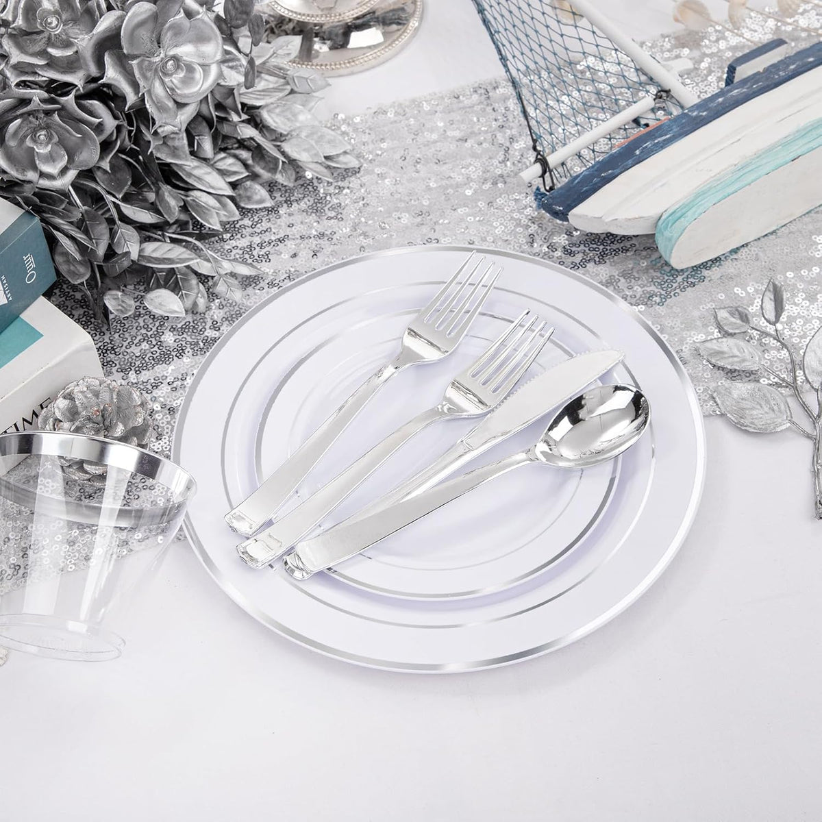 WELLIFE 300Pcs Silver Elegant Plastic Dinnerware Set for 50 Guests - Premium ...