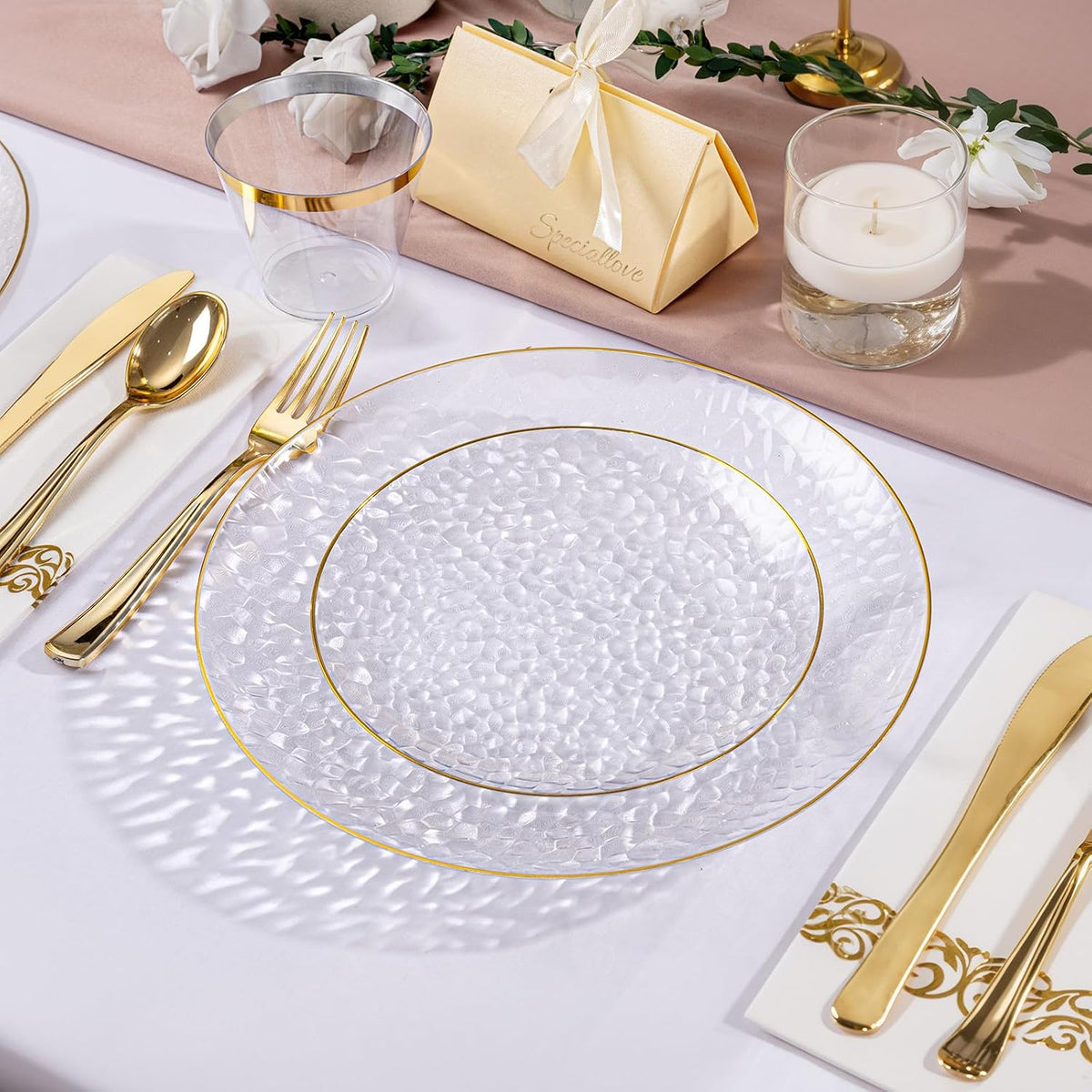 DaYammi 100PCS Gold Plastic Plates, 7 inch Hammered Dessert Plates