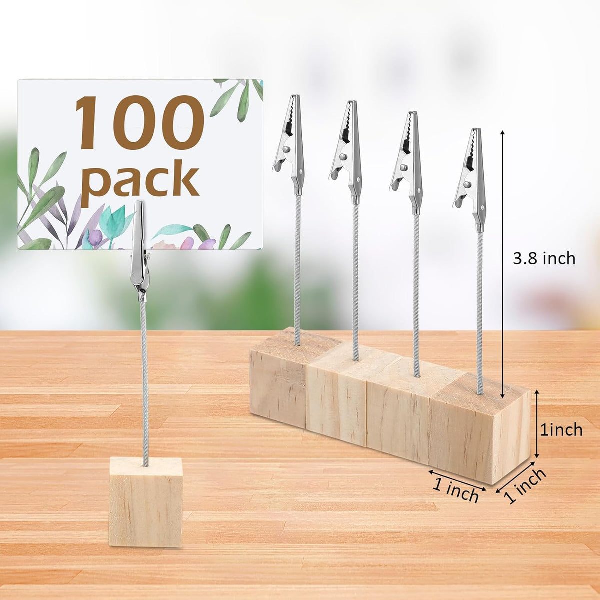 100 Pcs Cube Base Memo Clip Holder with Alligator Clip, Natural Wood Color