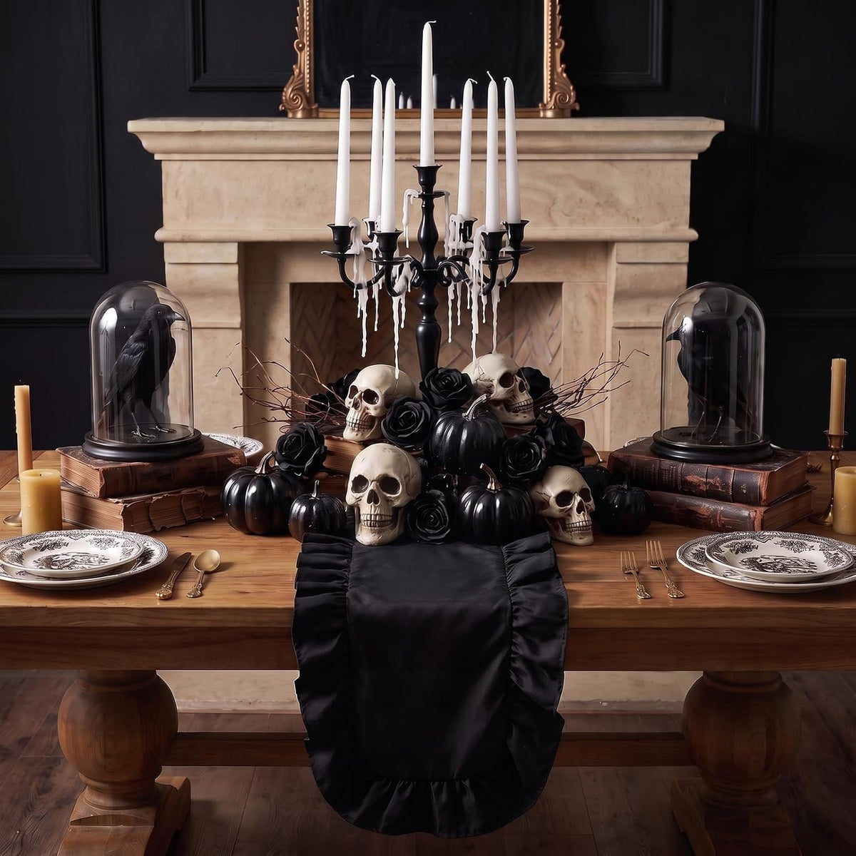 Black Ruffled Table Runner 118 inch Scalloped Table Runners,3pcs