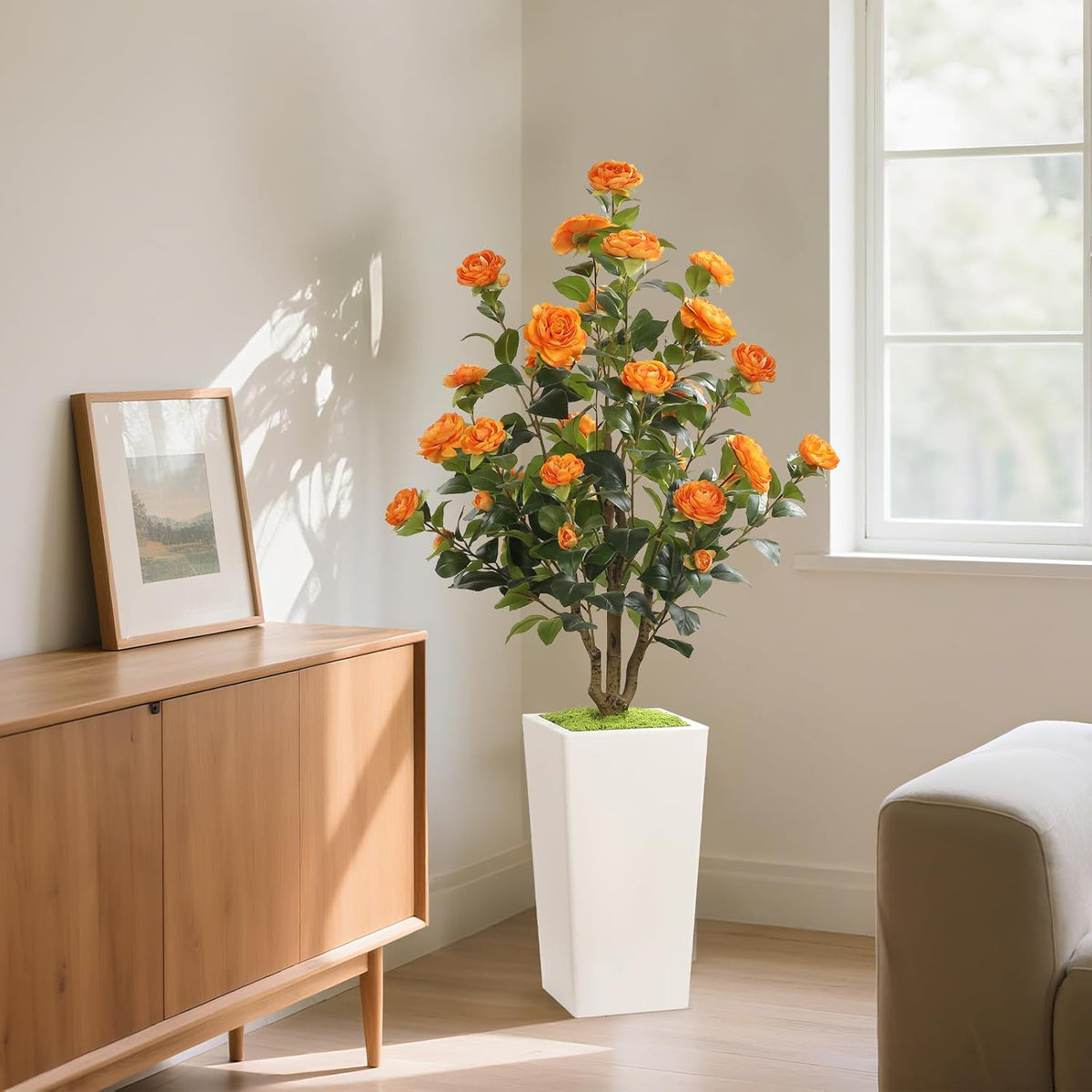 Romantic Season 4FT Artificial Camellia Tree with White Tall Planter, Orange ...