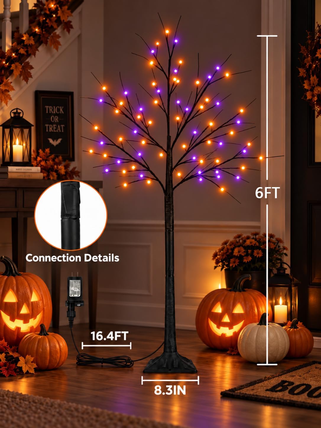 Black Halloween Tree with Purple and Orange Lights, 2Pack 6FT 300LED