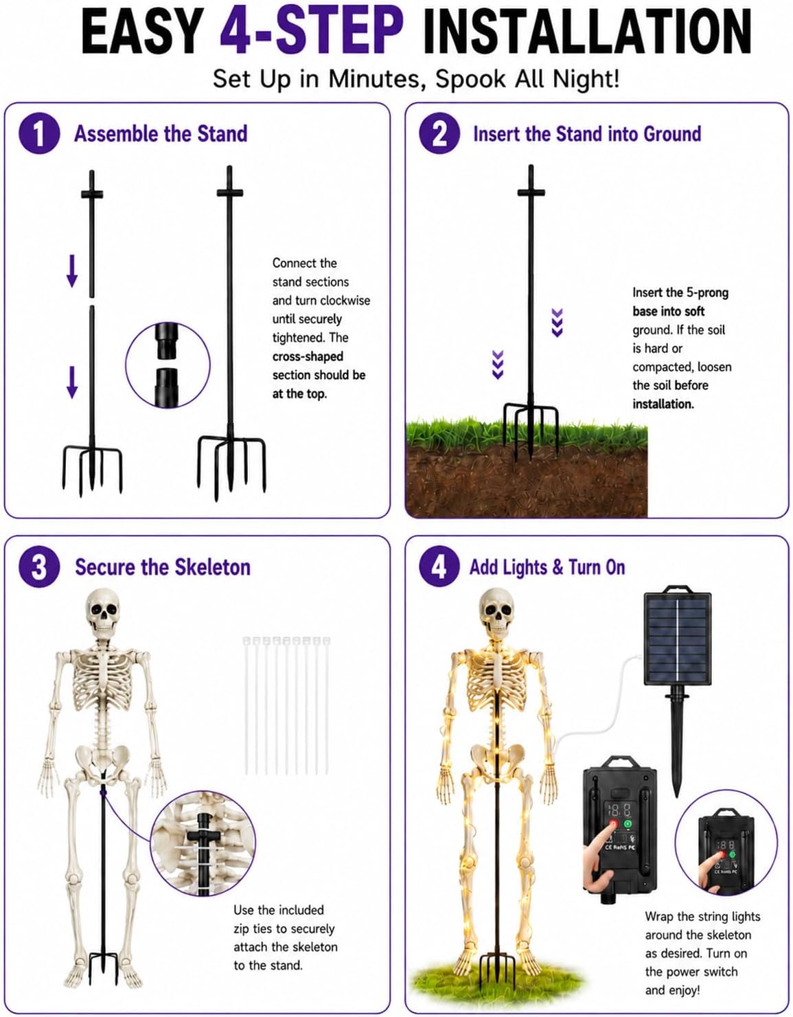 Halloween Skeleton Stand Kit & Solar String Lights,【Skeleton Not Included】