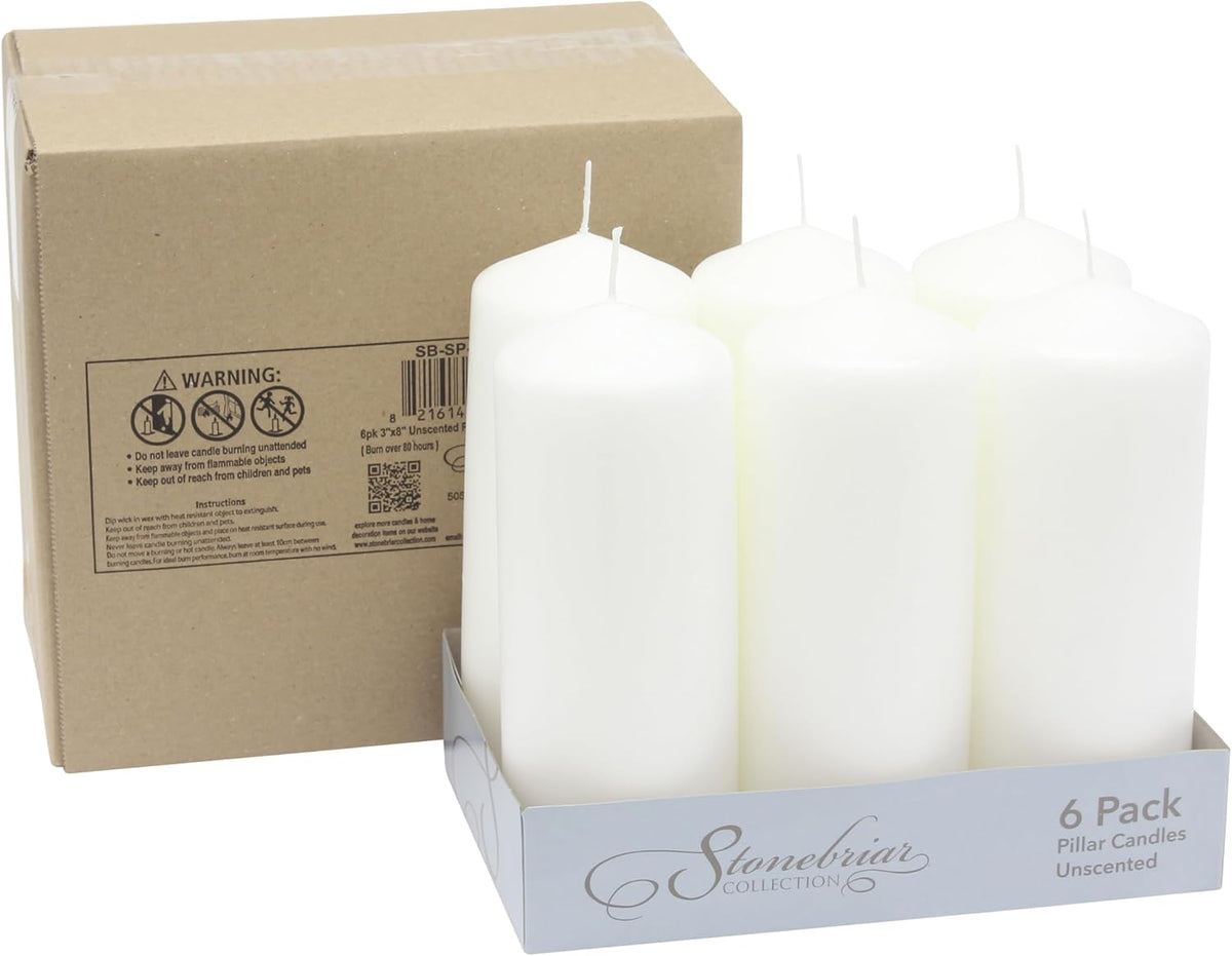Stonebriar Unscented White Tall Pillar Candles, 80 Hour Burning Candle Pillar...