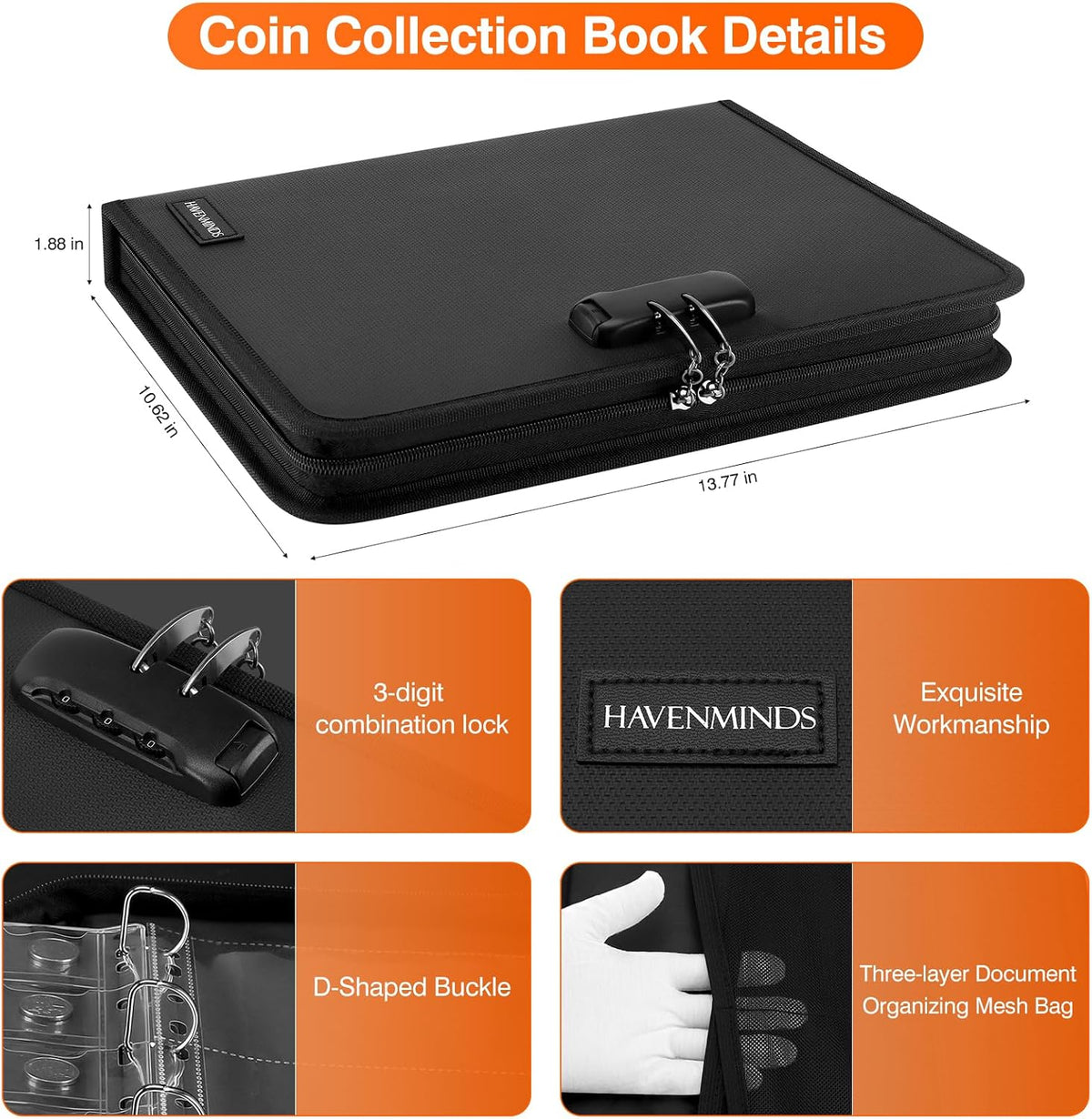 Coin Collection Book with Lock,Fireproof Holders for Collectors,300 Pockets C...