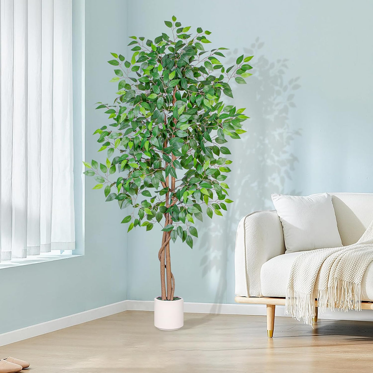 VIVATREES 6FT Artificial Ficus Tree with White Planter, Realistic Faux Silk I...