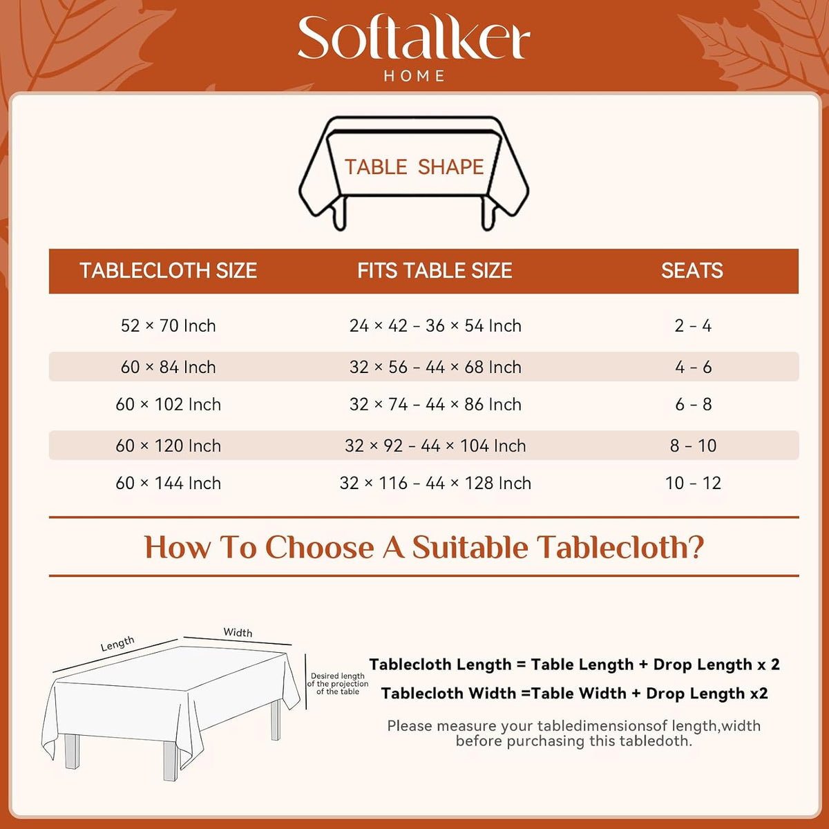 Softalker Fall Jacquard Rectangle Tablecloth, 60 x 144 Inch Rust