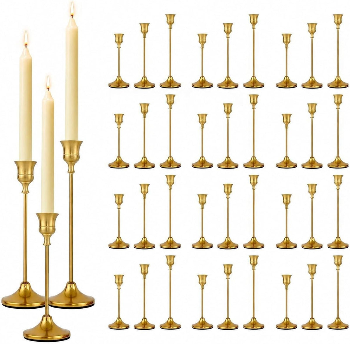 Gold Taper Candle Holders Bulk 12 Sets(36 Pcs), Antique Gold Candlestick Hold...