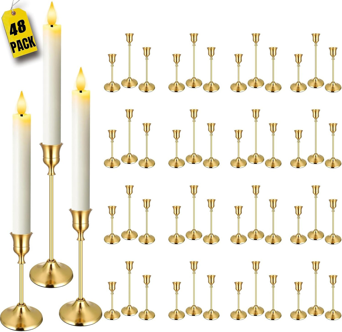 48Pack Brass Gold Metal Taper Candle Holders Vintage Candlestick Holder Set