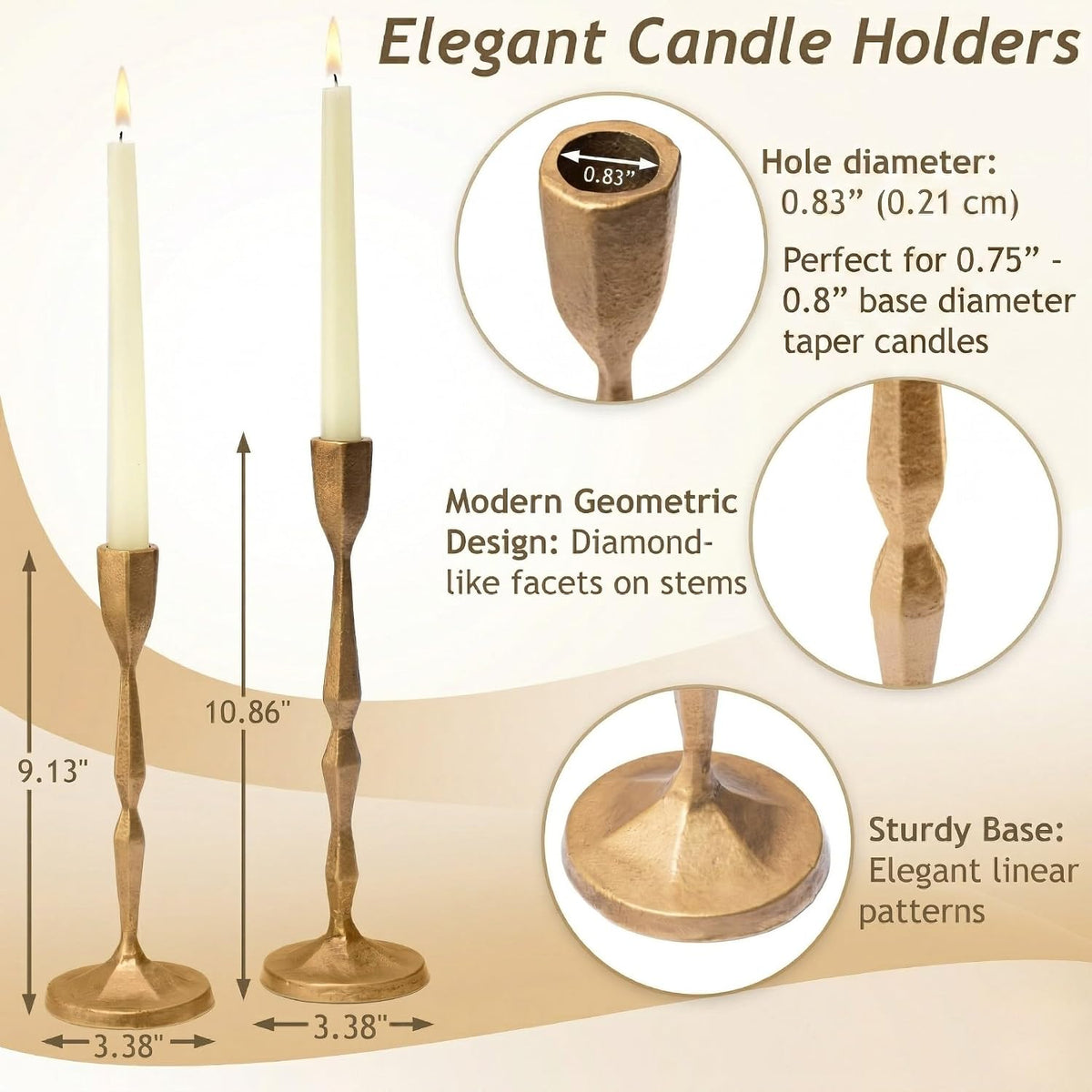 Antique Gold Candlestick Holders Set of 2, Cast Iron Taper Candle Holder