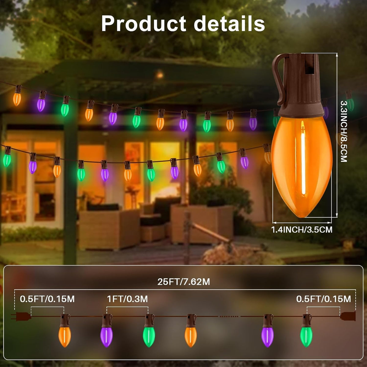 LAMPHOME C9 25FT 25 LED Orange Purple Green Halloween Lights, Vintage String ...