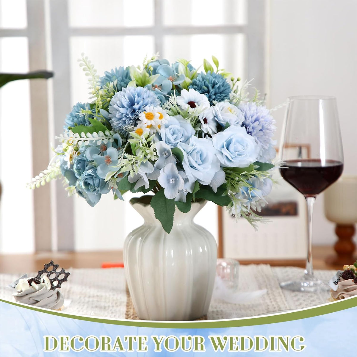 Tigeen 6 Bundles Artificial Flowers Bouquet for Wedding, Blue