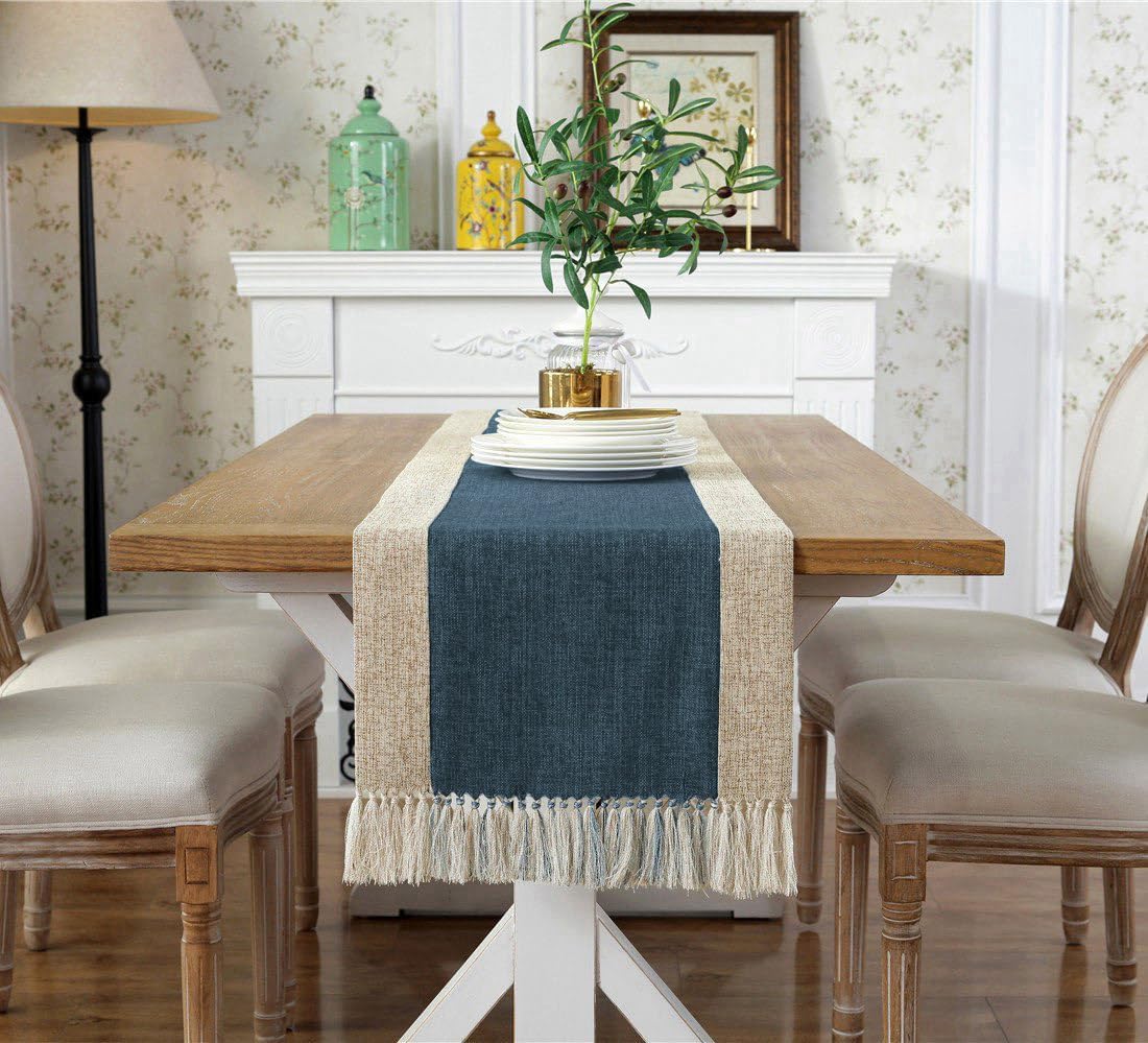 Farmhouse Navy Faux Linen Dining Table Runner 15 x 86.5 Inch Blue