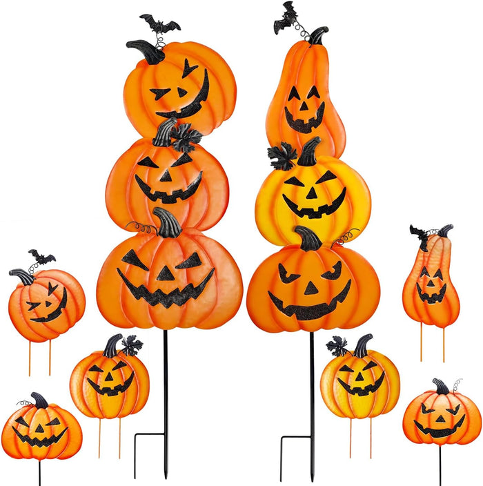 Juegoal 2 Pack Halloween Garden Stakes, Stacked Metal Pumpkins Jack-o-Lantern Lawn Decor, Yard Signs Stake Outdoor Decorative 3D Pumpkin Home Lawn Pathway Driveway Decorations