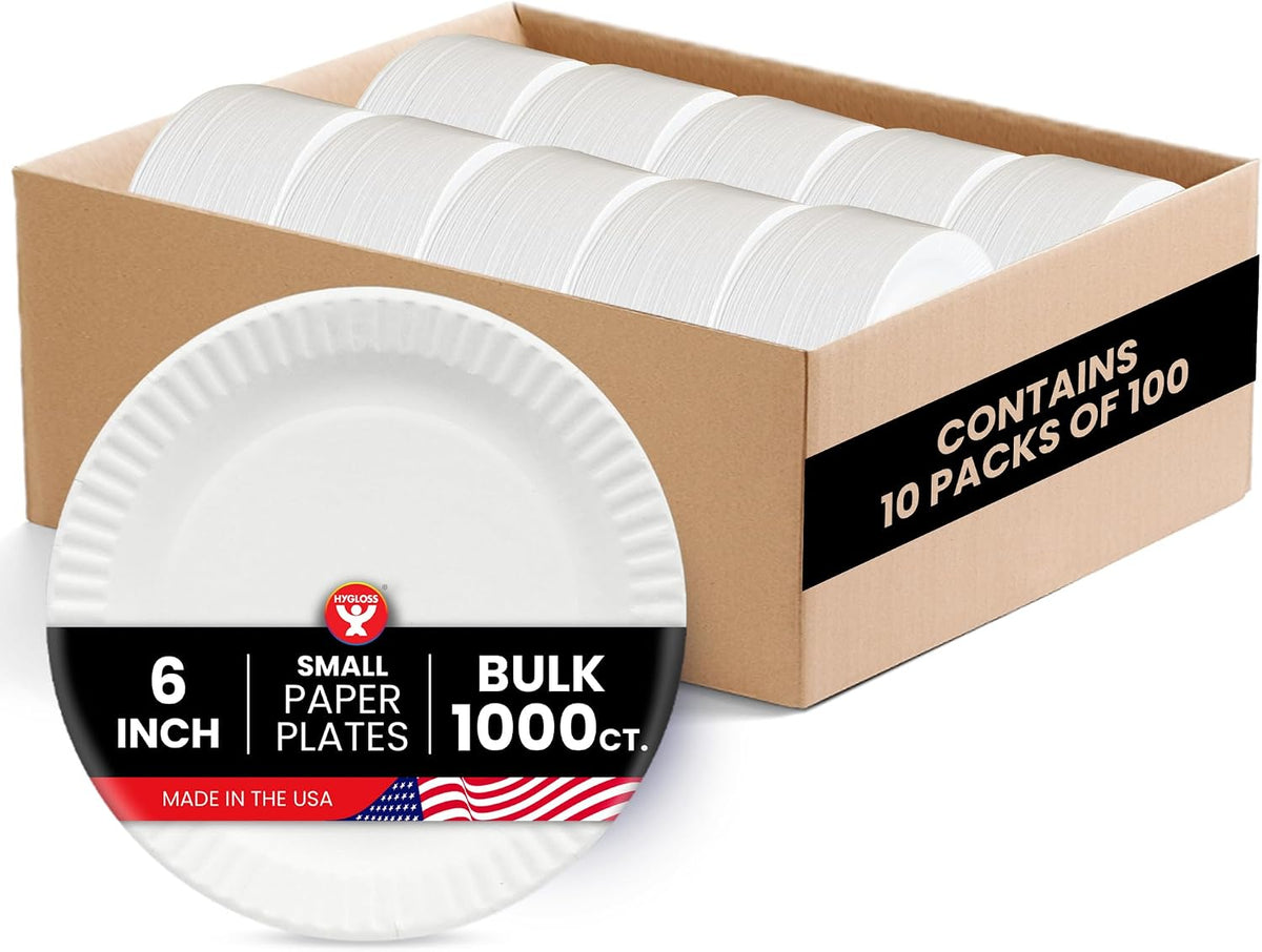 Hygloss Paper Plates 6-Inch, 1,000 Count, White, Uncoated, Microwave Safe
