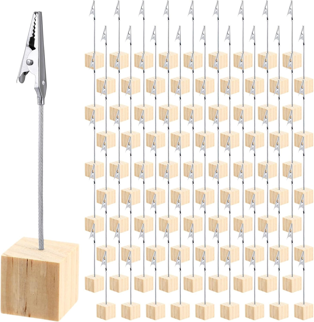 100 Pcs Cube Base Memo Clip Holder with Alligator Clip, Natural Wood Color