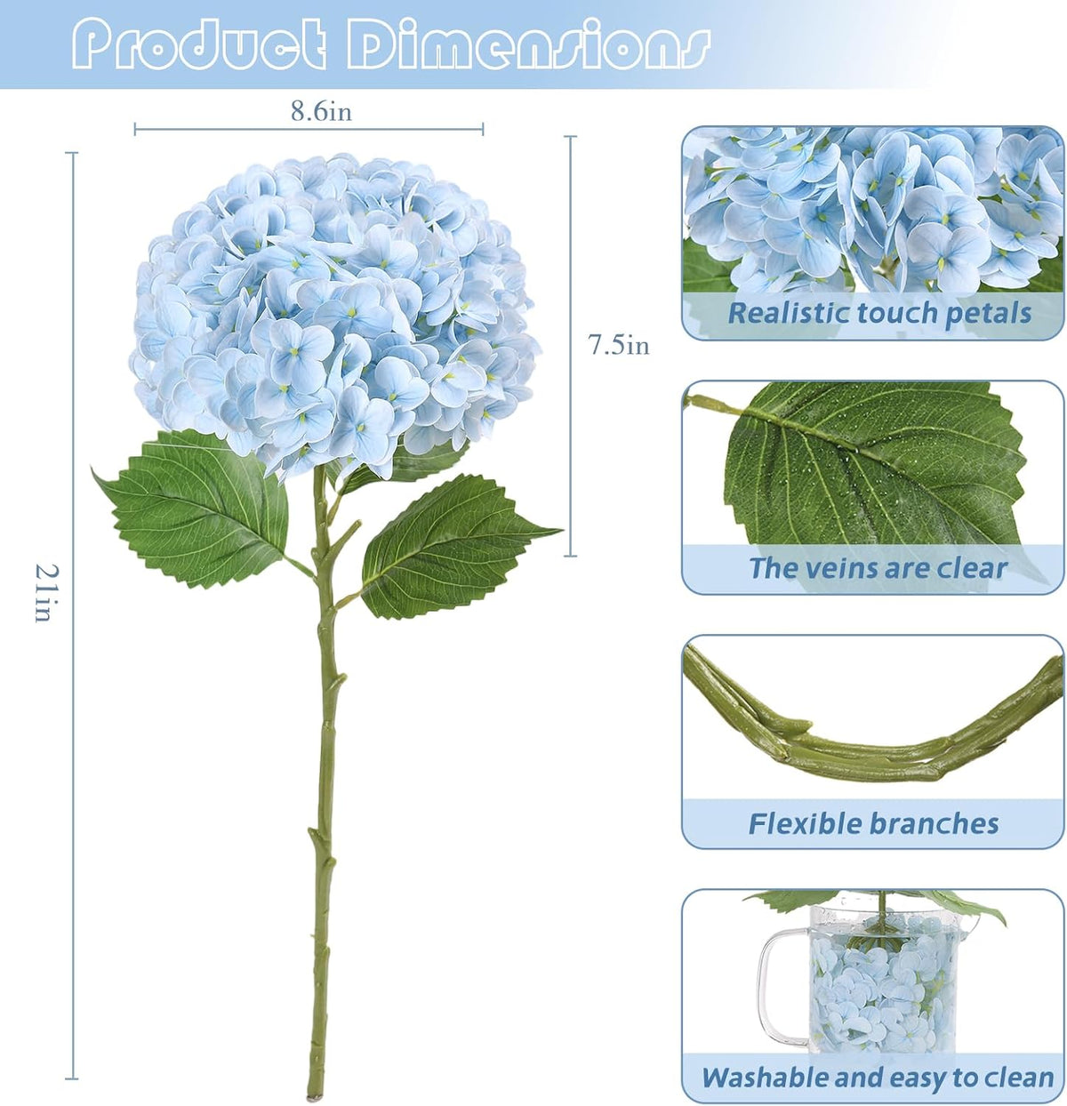 5Pcs Light Blue Real Touch Latex Hydrangeas Artificial Flowers