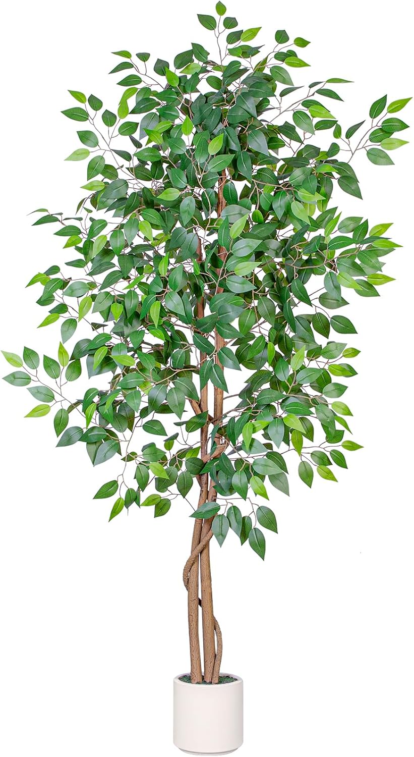 VIVATREES 6FT Artificial Ficus Tree with White Planter, Realistic Faux Silk I...