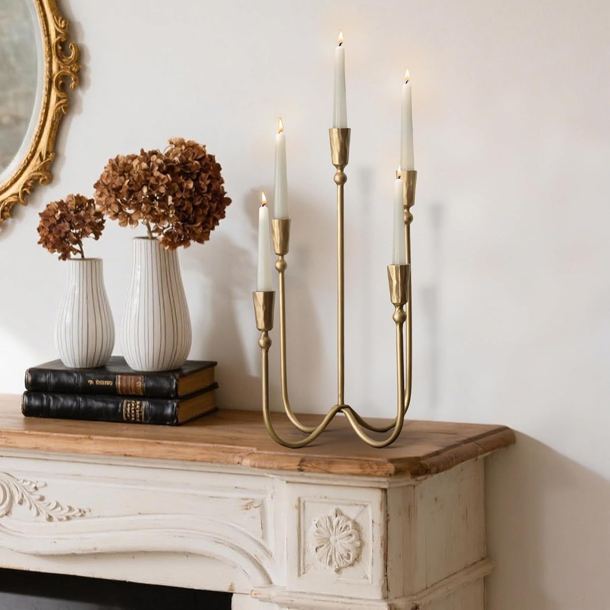Large Iron Candelabra Centerpieces for Tables, 5 Arm Taper Candle Holders