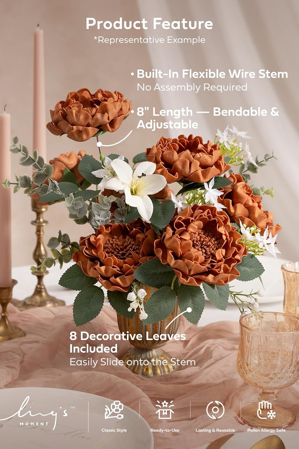 Ling's moment Burnt Orange Artificial Peony Flowers with Stems, 16 pcs