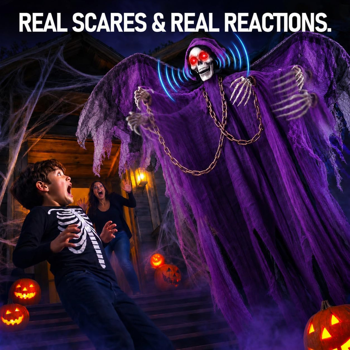 71" Halloween Hanging Skeleton Ghosts with Moving Grabbing Arm, Scary So...