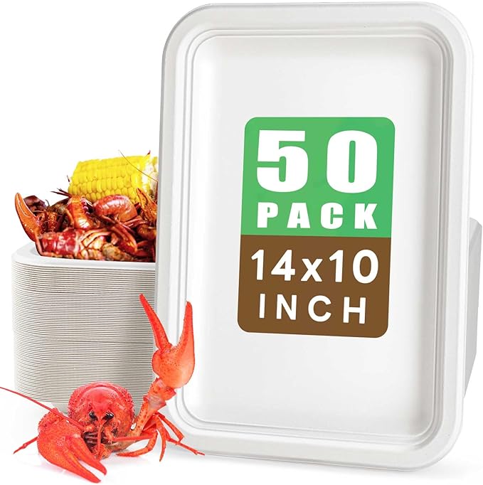 Gezond 50 Pack 14 Inch Disposable Food Trays Eco-friendly Heavy-Duty Large Paper Plates Compostable Sugarcane Platters for Crawfish, BBQ, Seafood Boil Party Supplies White