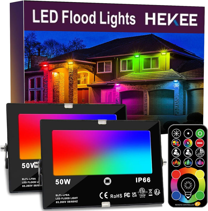HEKEE LED Flood Light Outdoor, 50W RGB Color Changing Floodlight with Remote Control, RGBW 120 Colors, 2700K, 5000 Lumens, IP66 Waterproof, DIY Strobe Mode, Timing, for Halloween/Christmas (2 Pack)