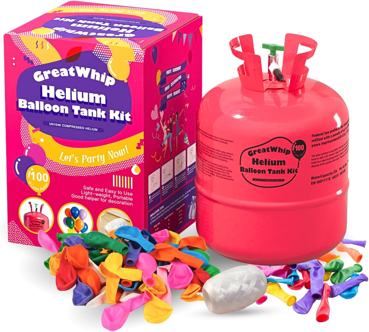GreatWhip 22L Helium Tank for Balloons at Home, Up to 100 Latex Balloons
