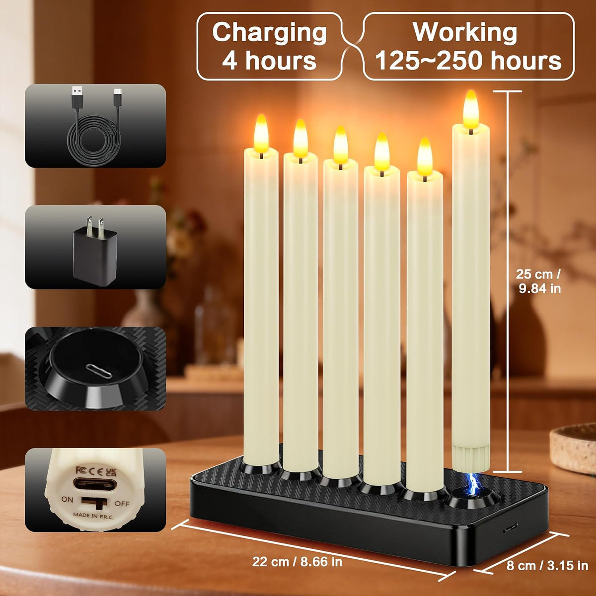 Rechargeable Flameless Taper Candles with Charging Base, (6 Pack Ivory)